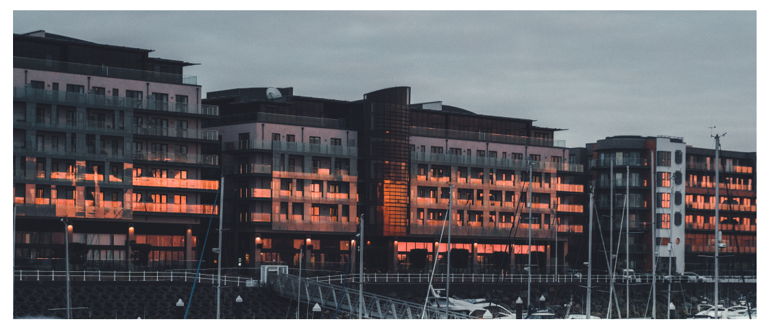 Waterfront property development at dusk